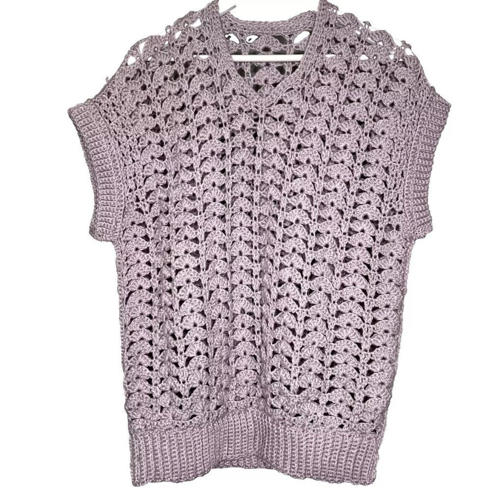 Lavender Open Knit Sweater XL Handmade Relax Pullover Layer Cottage Preppy Twee